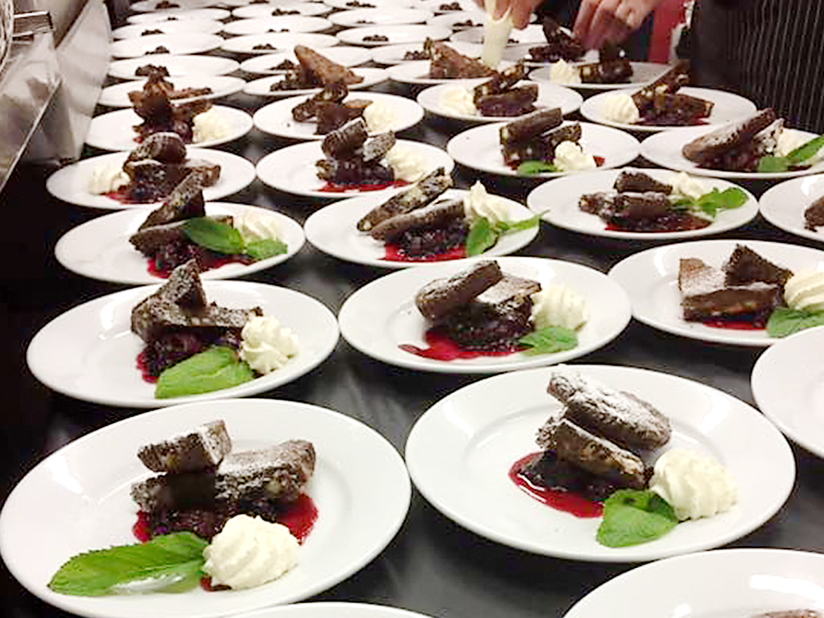 Chocolate desert plates being prepared